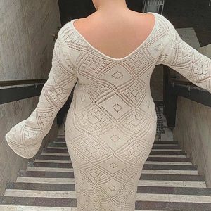 V-Neck Crochet Checkered Midi Dress - Y2K Aesthetic Hollow Out Style for Trendy Looks