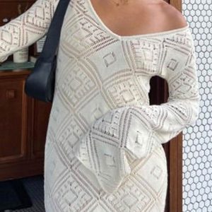 V-Neck Crochet Checkered Midi Dress - Y2K Aesthetic Hollow Out Style for Trendy Looks