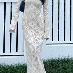 V-Neck Crochet Checkered Midi Dress - Y2K Aesthetic Hollow Out Style for Trendy Looks