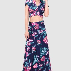 V-Neck Crop Tied Top & Front Slit Skirt - Y2K Aesthetic Outfit for Trendy Looks