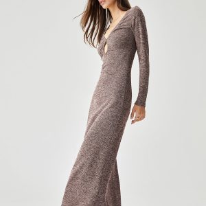 V-Neck Cut Out Knit Dress - Y2K Aesthetic Long Dress for Trendy Coquette Style