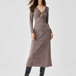 V-Neck Cut Out Knit Dress - Y2K Aesthetic Long Dress for Trendy Coquette Style