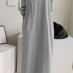 V-Neck Drawstring Hooded Dress in Y2K Style - Comfy and Chic for Aesthetic Outfits