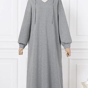 V-Neck Drawstring Hooded Dress in Y2K Style - Comfy and Chic for Aesthetic Outfits