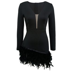 V-Neck Feather Accent Mini Dress - Chic Y2K Style for Effortless Coquette Aesthetic