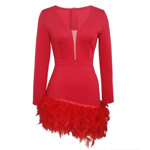 V-Neck Feather Accent Mini Dress - Chic Y2K Style for Effortless Coquette Aesthetic