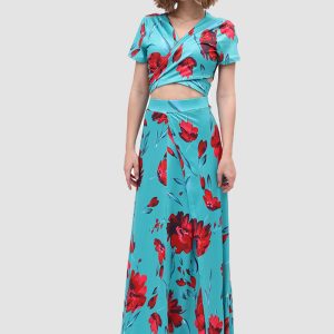 V-Neck Floral Print Side Slit Two-Piece Dress for Y2K Aesthetic and Coquette Style