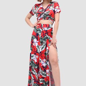 V-Neck Floral Print Side Slit Two-Piece Dress for Y2K Aesthetic and Coquette Style