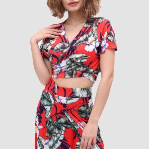 V-Neck Floral Print Side Slit Two-Piece Dress for Y2K Aesthetic and Coquette Style