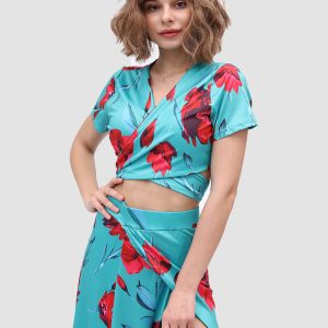 V-Neck Floral Print Side Slit Two-Piece Dress for Y2K Aesthetic and Coquette Style