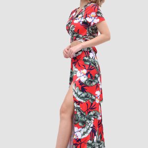 V-Neck Floral Print Side Slit Two-Piece Dress for Y2K Aesthetic and Coquette Style