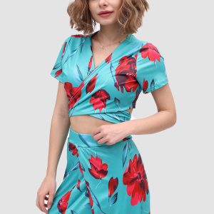 V-Neck Floral Print Side Slit Two-Piece Dress for Y2K Aesthetic and Coquette Style