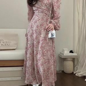 V-Neck Floral Puff Sleeve Maxi Dress - Y2K Aesthetic Boho Style for Effortless Elegance