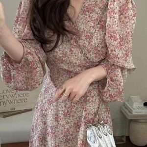 V-Neck Floral Puff Sleeve Maxi Dress - Y2K Aesthetic Boho Style for Effortless Elegance