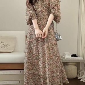 V-Neck Floral Puff Sleeve Maxi Dress - Y2K Aesthetic Boho Style for Effortless Elegance