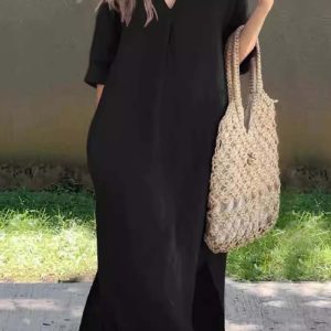 V-Neck Half Sleeve Slit Midi Dress - Y2K Aesthetic Chic for Effortless Style