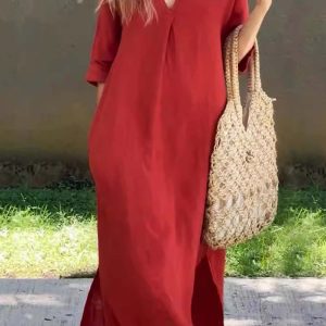 V-Neck Half Sleeve Slit Midi Dress - Y2K Aesthetic Chic for Effortless Style