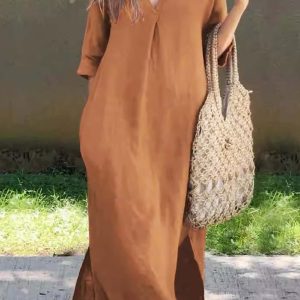 V-Neck Half Sleeve Slit Midi Dress - Y2K Aesthetic Chic for Effortless Style