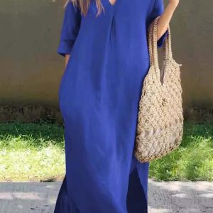 V-Neck Half Sleeve Slit Midi Dress - Y2K Aesthetic Chic for Effortless Style