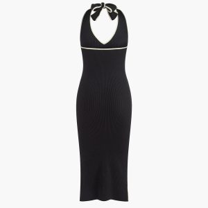 V-Neck Halter Split Knit Dress - Y2K Aesthetic Fashion for Trendy Outfits