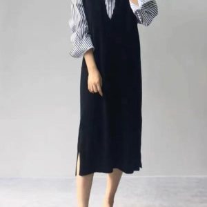 V-Neck Knit Split-Side Maxi Dress for Y2K Aesthetic and Coquette Style Outfits