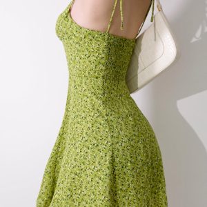 V-Neck Lime Floral Mini Dress - Y2K Aesthetic Cute Dress for Spring and Summer Outfits