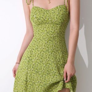 V-Neck Lime Floral Mini Dress - Y2K Aesthetic Cute Dress for Spring and Summer Outfits