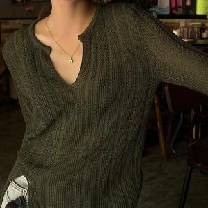 V-Neck Long-Sleeved Layering Top for Y2K Aesthetic Outfits and Comfy Style