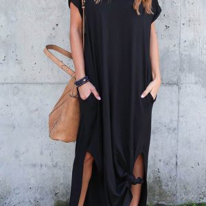 V-Neck Pocketed Slit Dress - Chic Y2K Aesthetic for Effortless Style and Comfort