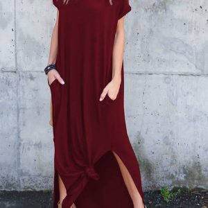 V-Neck Pocketed Slit Dress - Chic Y2K Aesthetic for Effortless Style and Comfort