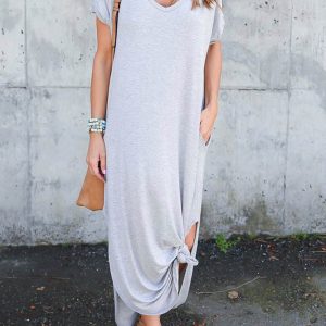 V-Neck Pocketed Slit Dress - Chic Y2K Aesthetic for Effortless Style and Comfort