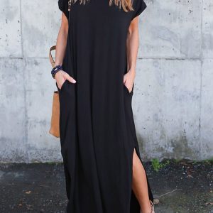 V-Neck Pocketed Slit Dress - Chic Y2K Aesthetic for Effortless Style and Comfort