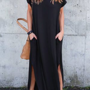 V-Neck Pocketed Slit Dress - Chic Y2K Aesthetic for Effortless Style and Comfort