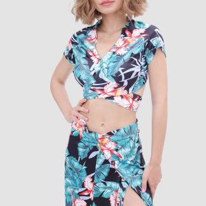 V-neck Printed Two-Piece Dress with Waist-Defining Style for Y2K Aesthetic Outfits