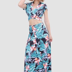 V-neck Printed Two-Piece Dress with Waist-Defining Style for Y2K Aesthetic Outfits