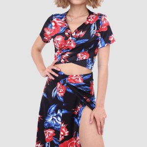 V-neck Printed Two-Piece Dress with Waist-Defining Style for Y2K Aesthetic Outfits