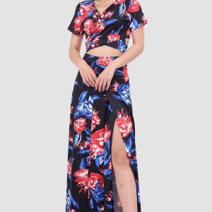 V-neck Printed Two-Piece Dress with Waist-Defining Style for Y2K Aesthetic Outfits