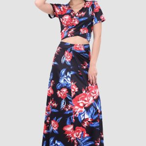 V-neck Printed Two-Piece Dress with Waist-Defining Style for Y2K Aesthetic Outfits