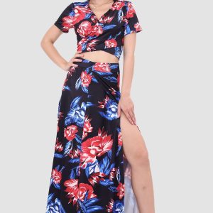 V-neck Printed Two-Piece Dress with Waist-Defining Style for Y2K Aesthetic Outfits