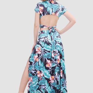 V-neck Printed Two-Piece Dress with Waist-Defining Style for Y2K Aesthetic Outfits