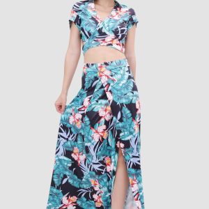 V-neck Printed Two-Piece Dress with Waist-Defining Style for Y2K Aesthetic Outfits