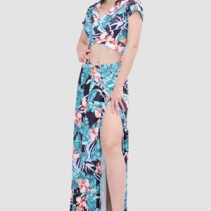 V-neck Printed Two-Piece Dress with Waist-Defining Style for Y2K Aesthetic Outfits