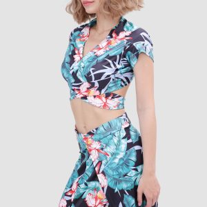 V-neck Printed Two-Piece Dress with Waist-Defining Style for Y2K Aesthetic Outfits