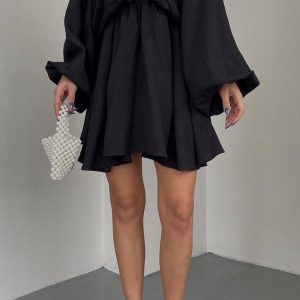 V-Neck Puff Sleeve Ruched Dress - Y2K Aesthetic Cute Dress for Coquette Style Outfits