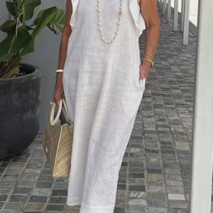 V-Neck Ruffle Sleeveless Linen Dress - Y2K Aesthetic Summer Style for Effortless Chic