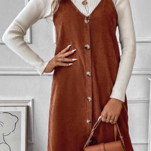 V-Neck Single-Breasted Corduroy Cami Dress - Y2K Aesthetic Cute Dress for Stylish Outfits