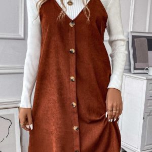 V-Neck Single-Breasted Corduroy Cami Dress - Y2K Aesthetic Cute Dress for Stylish Outfits