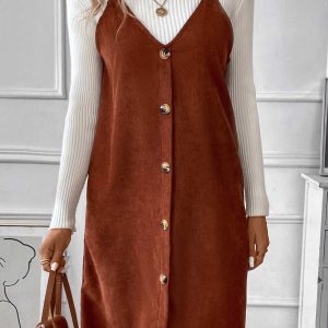 V-Neck Single-Breasted Corduroy Cami Dress - Y2K Aesthetic Cute Dress for Stylish Outfits