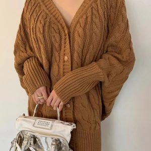 V-Neck Single-Breasted Y2K Aesthetic Hemp Pattern Cardigan Sweater for Cozy Outfits