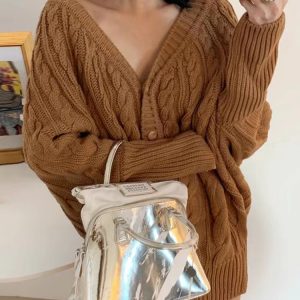 V-Neck Single-Breasted Y2K Aesthetic Hemp Pattern Cardigan Sweater for Cozy Outfits